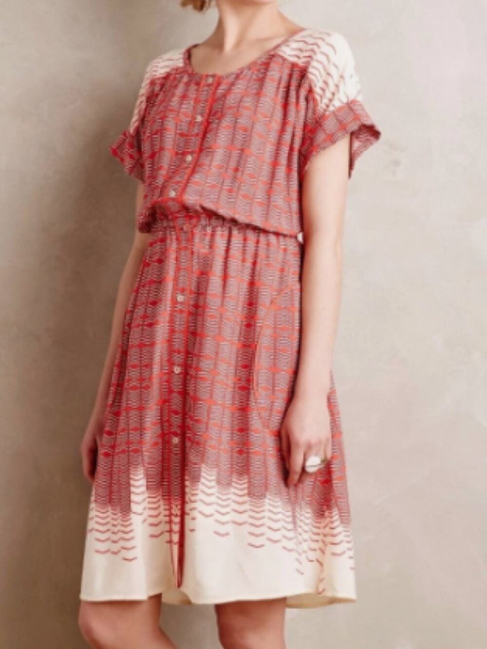 Maeve Red and Cream Patterned Button-Front Dress
